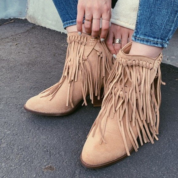 Vegan Suede Western Fringe Booties in Desert Sand - Picture 2 of 4